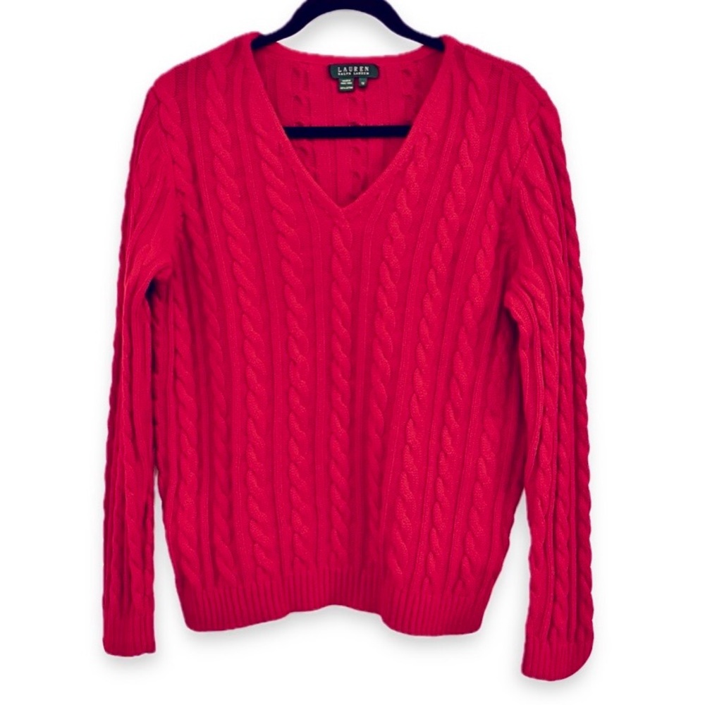 Lauren Ralph Lauren V-Neck Cotton Cable Knit Pullover Sweater Tomato Girl Y2K